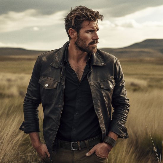 Man met baard in een leren jack, draagt een brede zwarte leren armband.