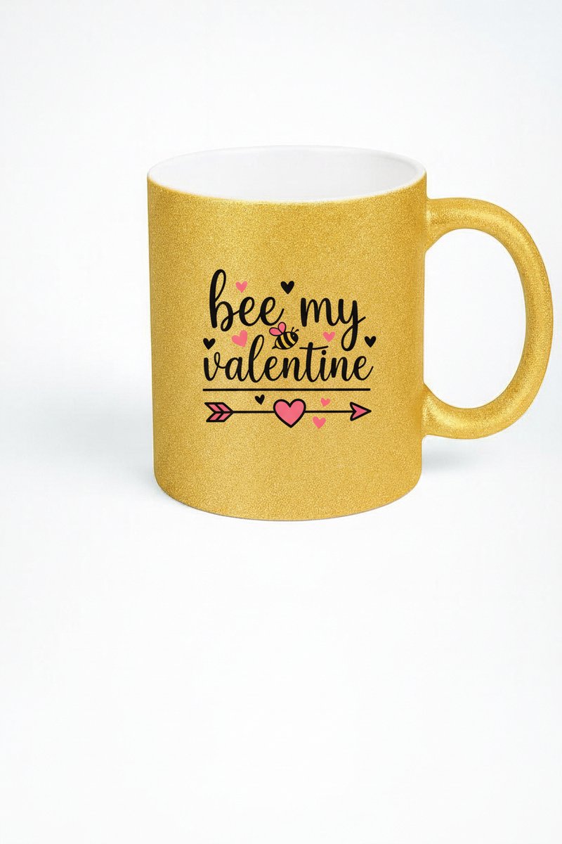 Gouden Glitter Mok "Bee My Valentine" met Lieve Bij & Harten - Valentijn Cadeau