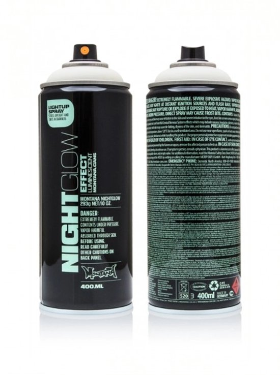 Deux aérosols noirs, l'un avec 'NIGHTGLOW EFFECT LUMINESCENT' en vert clair, tous deux avec un bouchon vert clair.