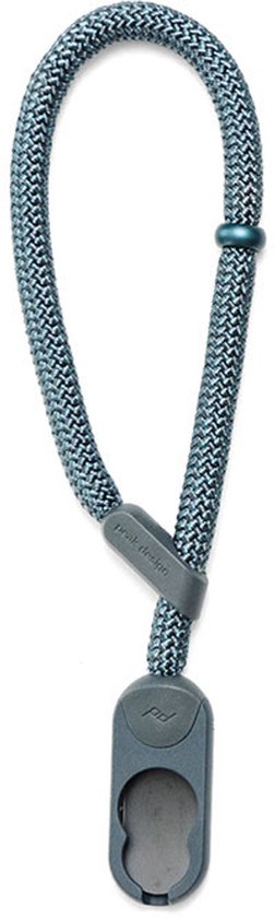 Grijze touwkoord met een blauwgroen patroon, met Peak Design logo en sluitclip.