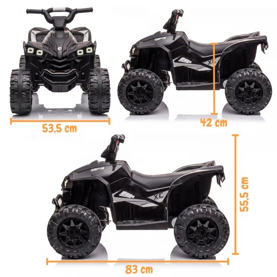 Afmetingen van de zwarte kinderquad: breedte 53,5 cm, zithoogte 42 cm, totale hoogte 55,5 cm en lengte 83 cm.