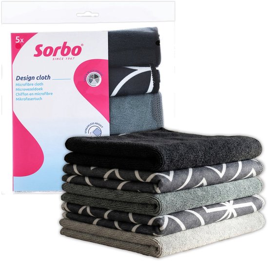 Paquet de 5 chiffons microfibres Sorbo gris et noir avec motifs géométriques.