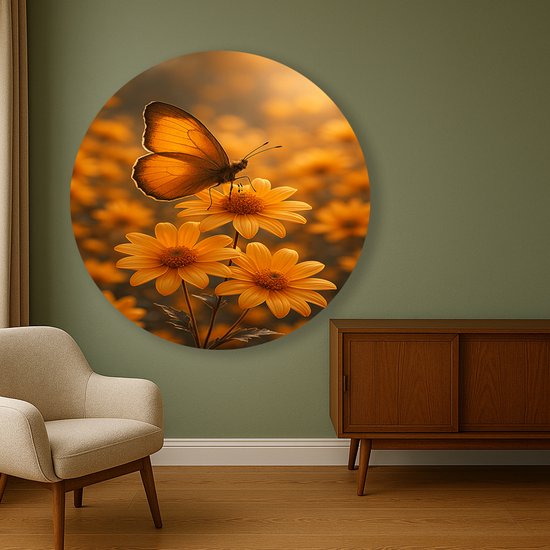 Een oranje vlinder zit op drie oranje margrieten met een zachte oranje achtergrond, opgehangen in een woonkamer.