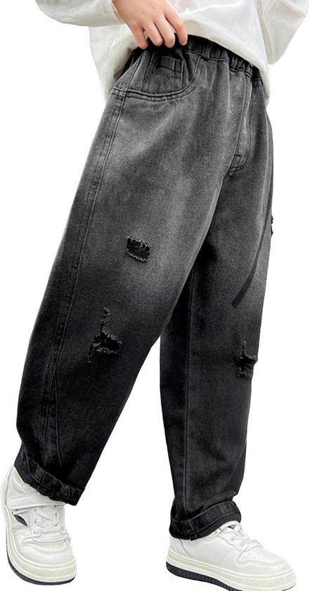 Happy Cherry Denim joggingbroek met elastische taille voor jongens, relaxte pasvorm voor kinderen, 5-14 jaar, baggy pull-on elastische broek, casual, Blauw, 13-14 jaar
