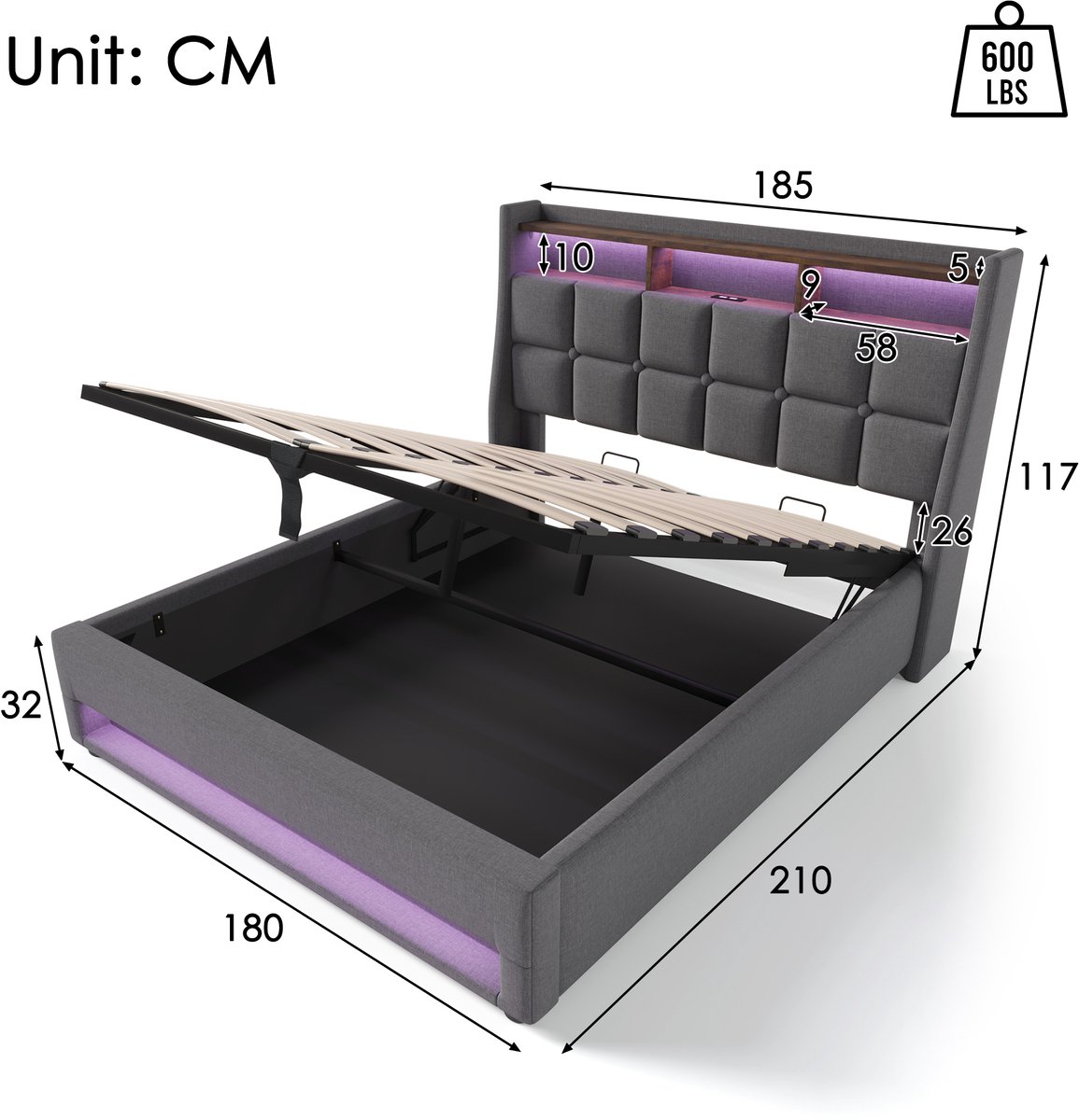 REDOM Opbergbed 180x200 met LED-verlichting en - afbeelding 3