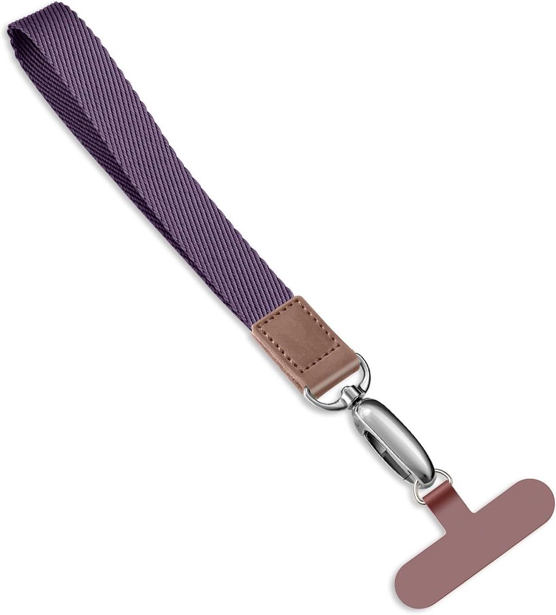 Telefoonketting donkerpaars met kort koord voor universele polsband.