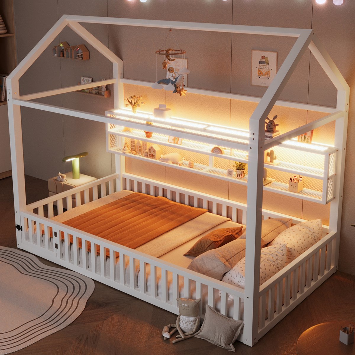 PHOEBE CAT Kinderbed - 90x200 cm - Met veiligheidsrail - Opbergplank - LED-verlichting - Huisvormig - Wit