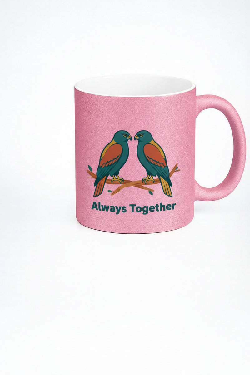 Roze Glitter Mok "Always Together" met Liefdesvogels - Romantisch Cadeau