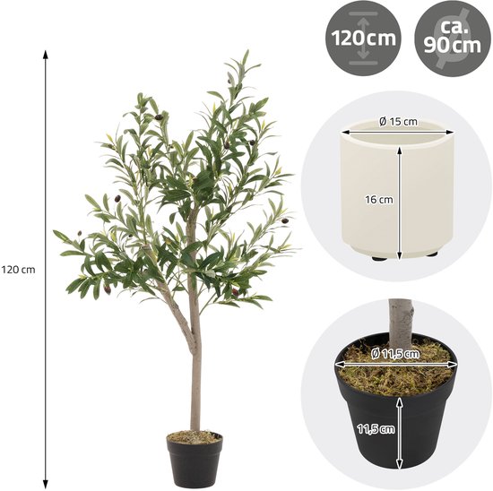 Olivier artificiel 120 cm plante artificielle avec tronc en bois naturel et fruits design ML