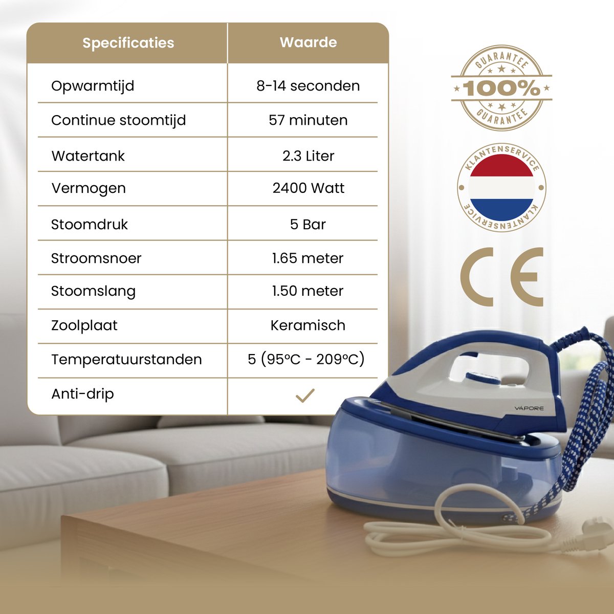 Vapore Stoomstrijkijzer met Stoomgenerator - 8 Sec Opwarmen - 2400W - 5 Bar - 2.3L Tank - 57 Min Stomen - Strijkijzer met Station - Keramische Zoolplaat — afbeelding 7