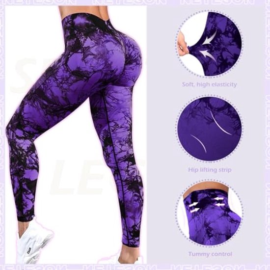 Dames sportlegging met hoge taille en sculpting effect - Zwart Lila tie dye — afbeelding 2