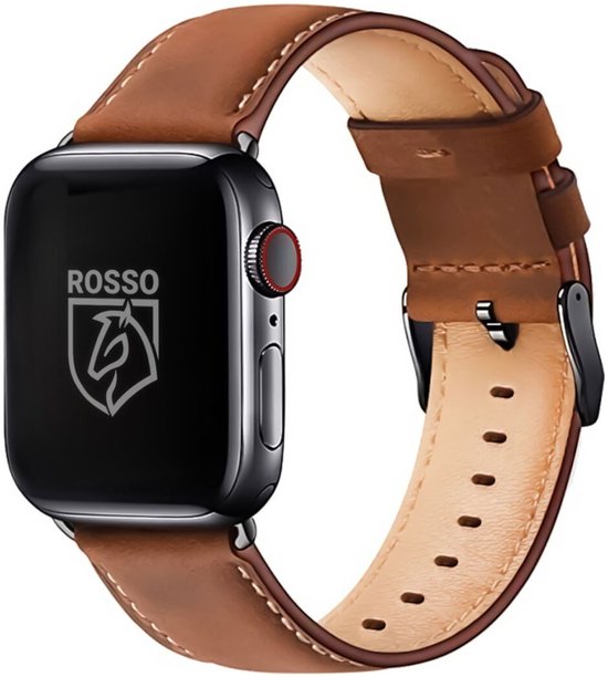 Bracelet Apple Watch en cuir marron avec surpiqûres blanches et boucle noire.