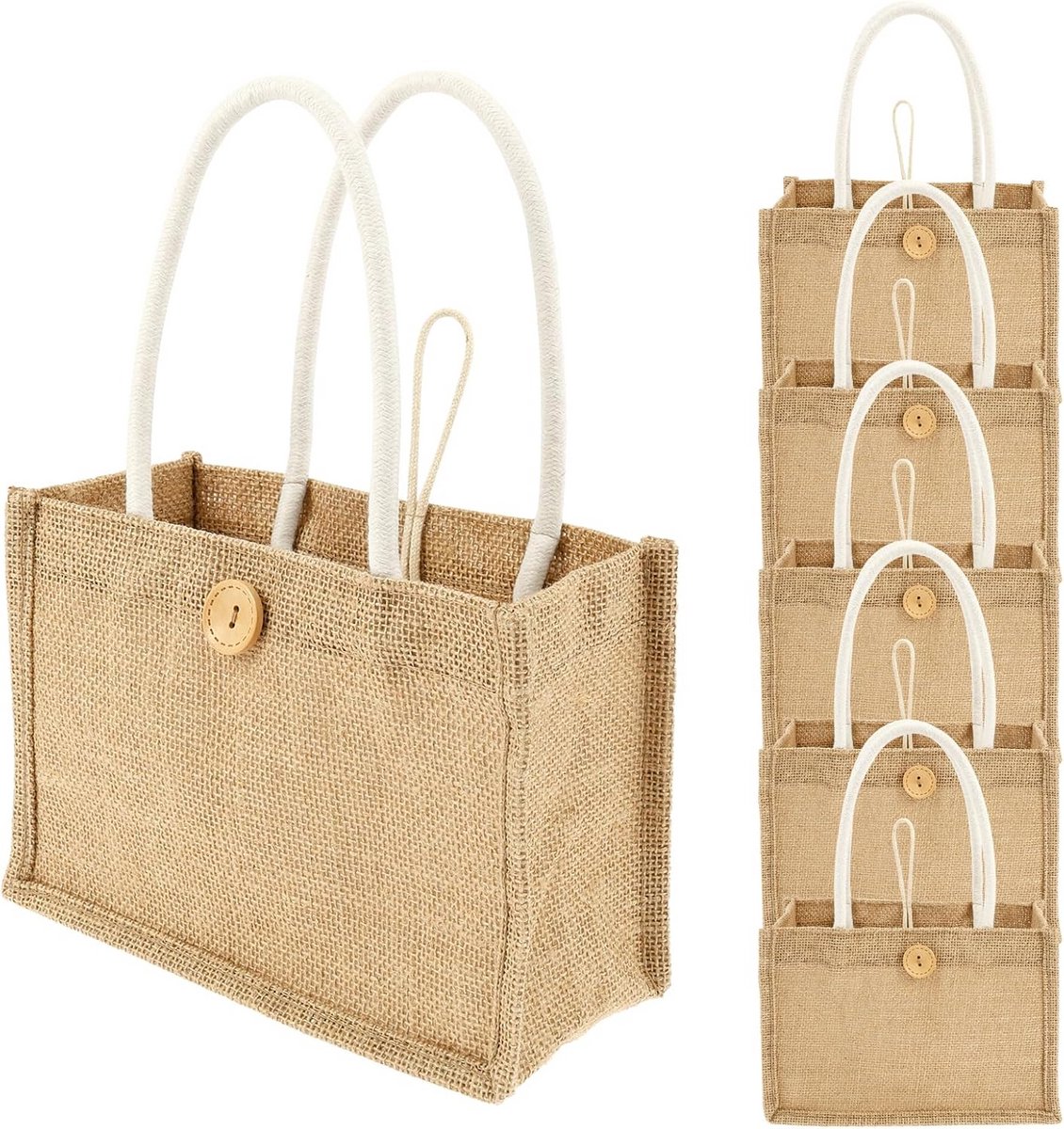 Set van 6 of 12 Herbruikbare Jute Boodschappentassen met Handvat - Waterdicht