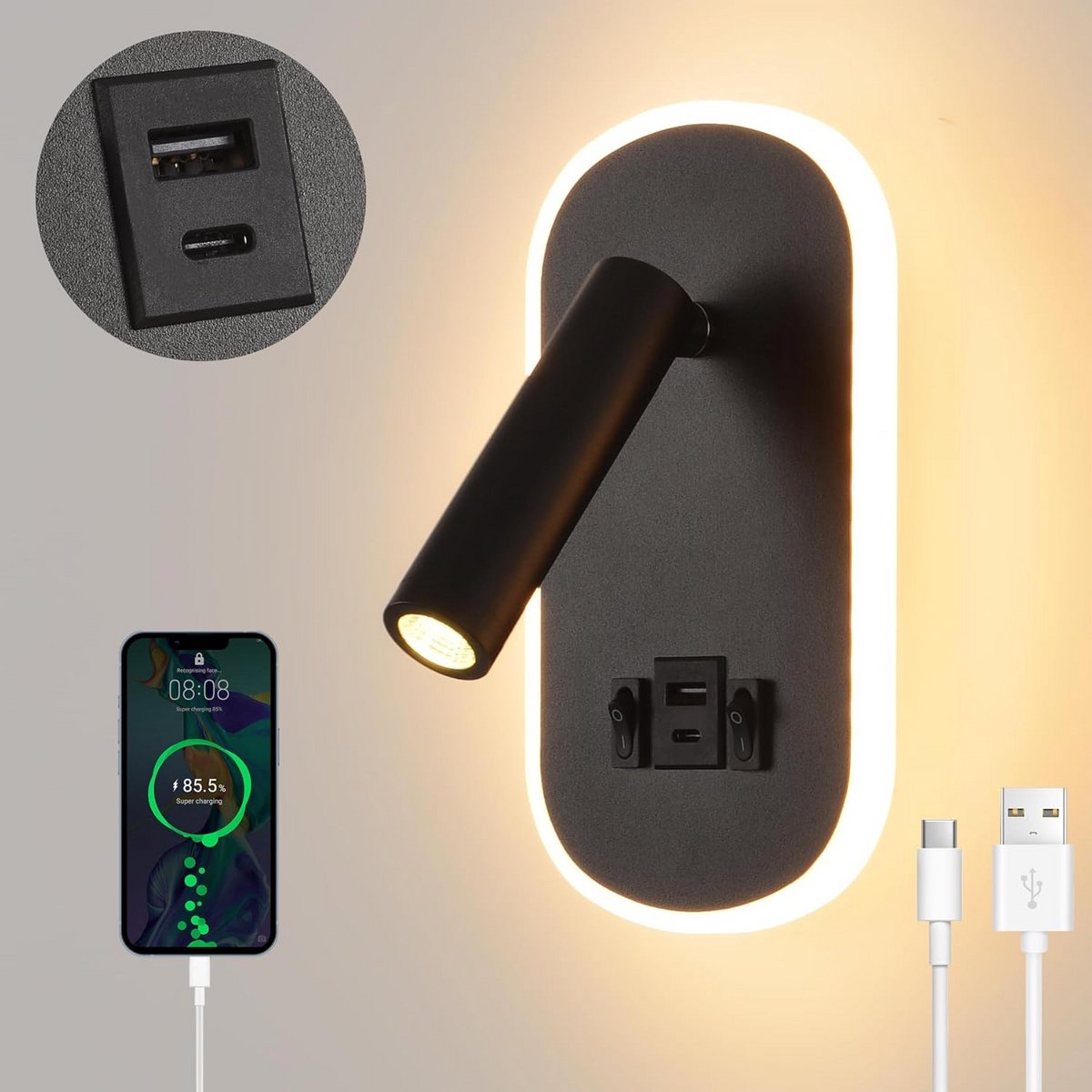 Verstelbare LED Wandlamp met Schakelaar en USB/Type-C Oplaadpoort