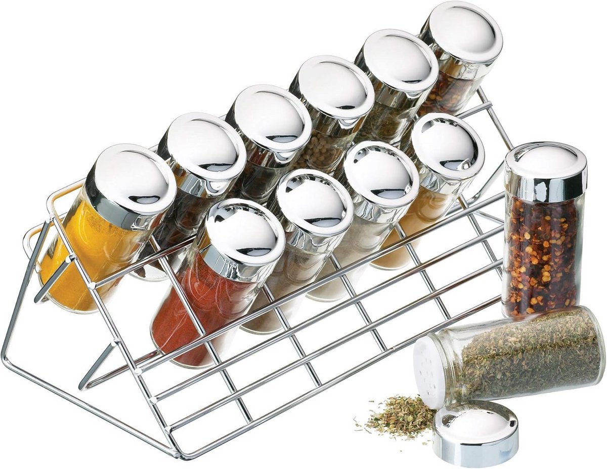 Verchroomd Kruidenrek met 12 Glazen Potjes - Keukenorganizer