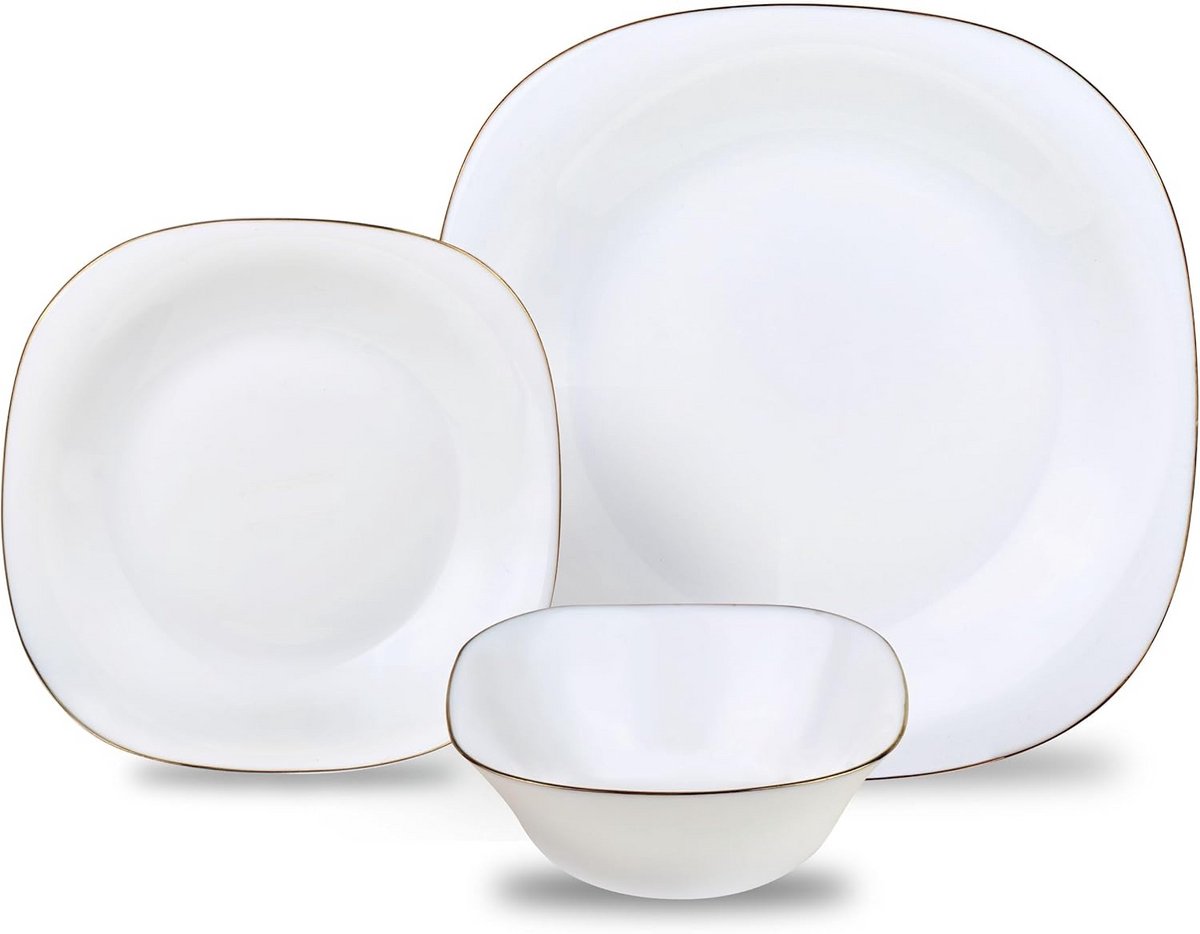 18-delig Wit Servies Set voor 6 Personen met Gouden Rand - Diner Bordenset