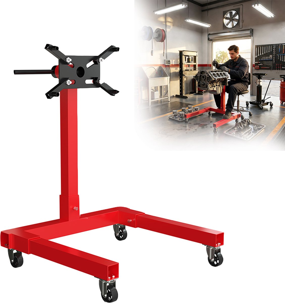 Aufun Draaibare Motorsteun - Rood - Draagvermogen 570 kg - Gecoat Stalen Frame - 360° Draaibaar - Motorsteun Op Wielen - Geschikt Voor Werkplaatsen En Garages.
