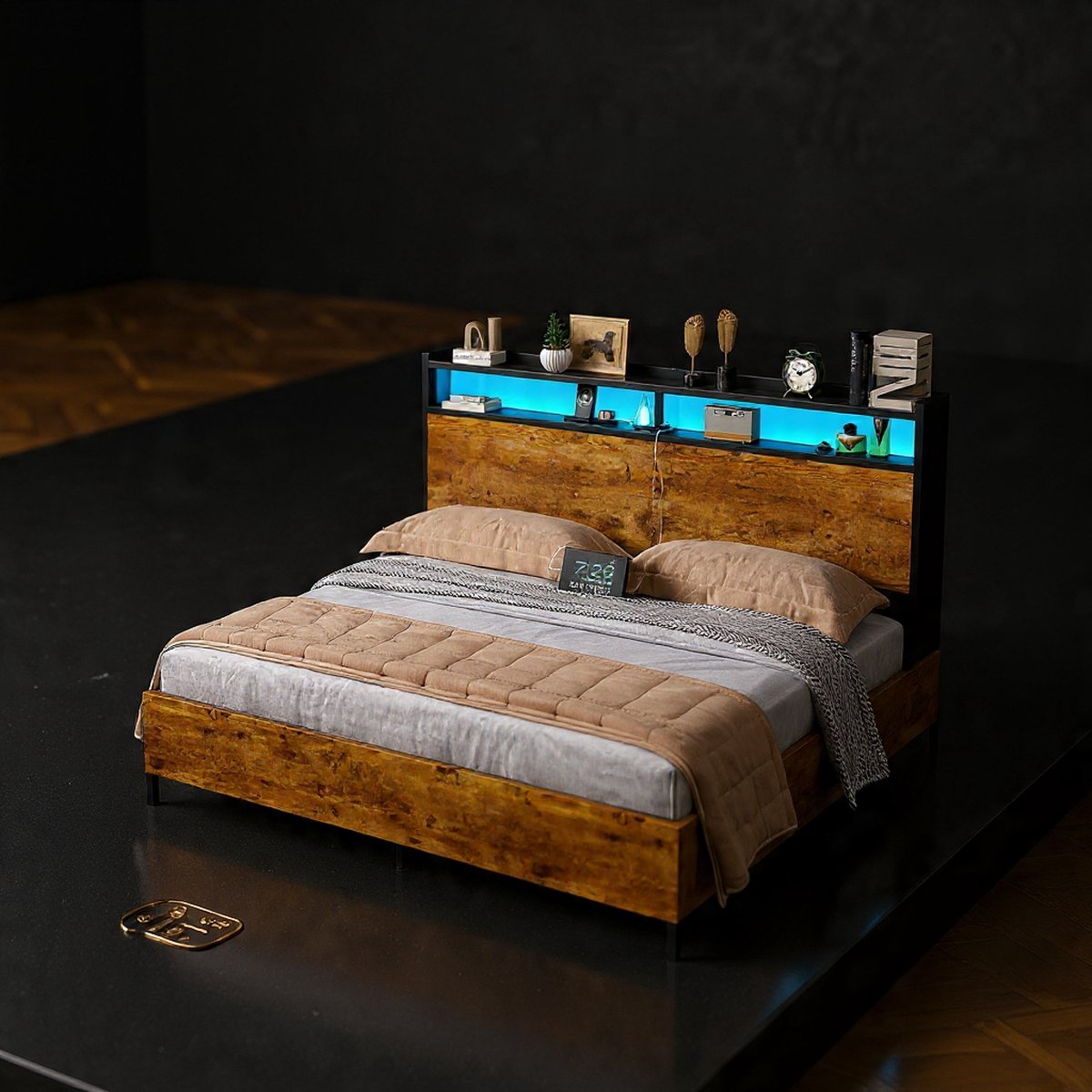 Smart LED Bed 120x200 cm – Modern Tweepersoonsbed met Metalen Frame, Hoofdbord met Opbergr