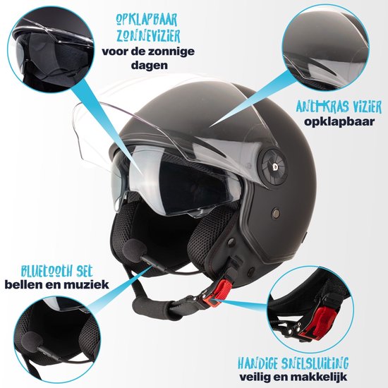 Casque VINZ Tobia Scooter avec visière solaire / Casque jet / Casque cyclomoteur / Casque moto / Casque scooter Rétro / Casque cyclomoteur / Casque cyclomoteur - Convient aux exigences du casque Plaque d'immatriculation Blauw - Grijs - XXL