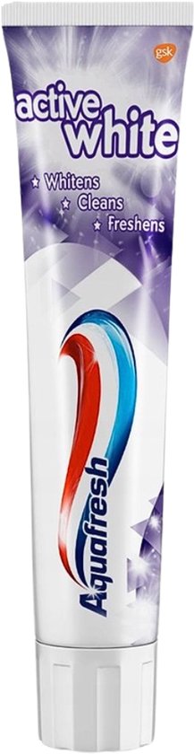 Aquafresh Active White tandpasta. Een tube met paarse, witte en blauwe accenten. Tekst zegt: Whitens, Cleans, Freshens.