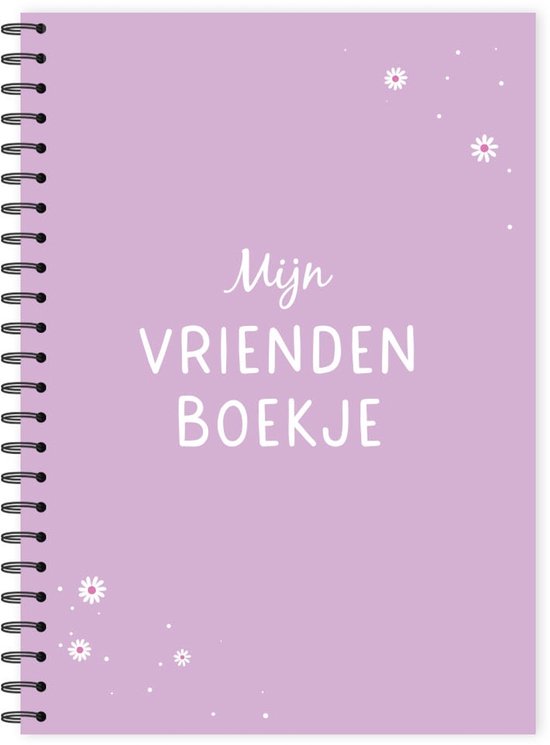 Lila kaft met tekst 'Mijn Vriendenboekje' en gestileerde bloemen.