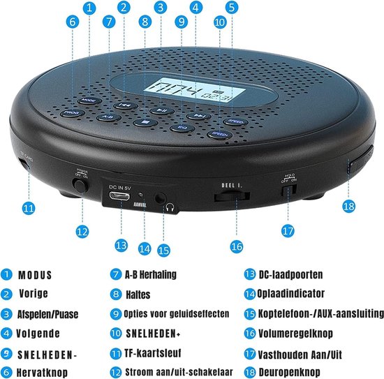 Discman - Oplaadbare cd-speler - Draagbare cd-speler met luidsprekers - Zwart - 14 cm x 14 cm x 3 cm — afbeelding 2