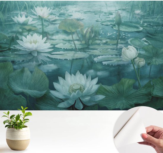 Wallfluent Zelfklevend Behang - Waterbloemen Zelfklevend fotobehang - 104x70 cm - Zwart-wit Zelfklevend Behang - Peel-and-stick techniek - Voor de slaapkamer, woonkamer en hal Zelfklevend Behang