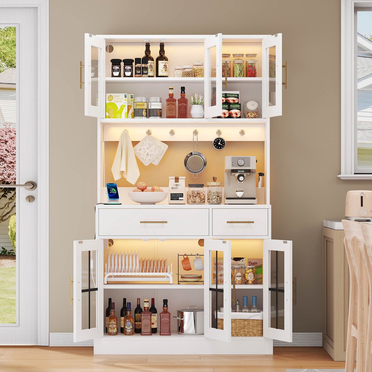 MODFU - Keukendressoir - App-Gestuurde Ledverlichting - 6 Deuren En 2 Lades - Verstelbare Legplanken - Transparant ESG-Glas - MDF - Wit