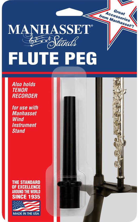 Manhasset Flute Peg, zwarte houder voor dwarsfluit en tenorblokfluit op een standaard.