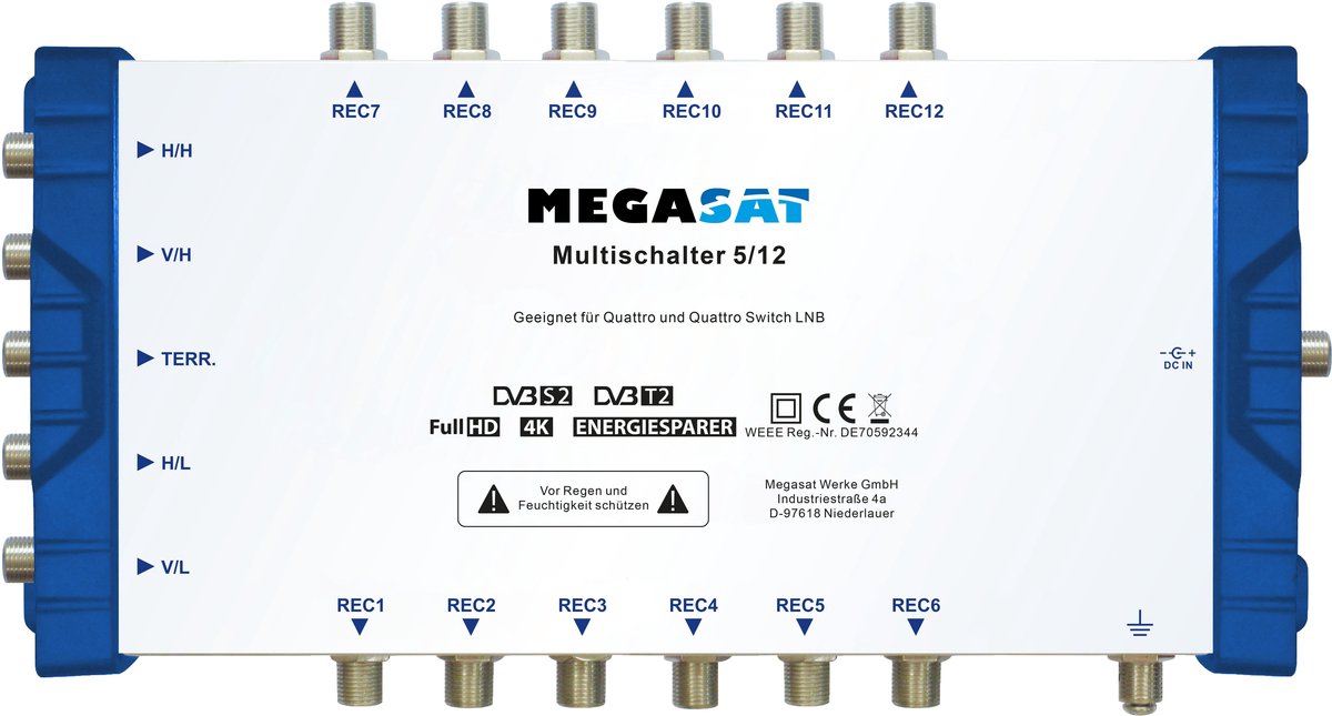 MegaSat 0600205 Satelliet multiswitch Ingangen (satelliet): 5 (4 satelliet / 1 terrestrisch) Aantal gebruikers: 12