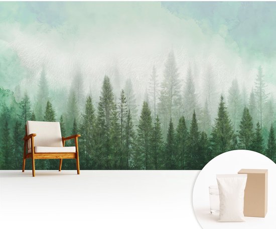 Wallfluent Behang - Wolf in het bos Vliesbehang - 416x254 cm - Groente Behang - Voor liefhebbers van verfijnde patronen en de natuur - Behang Voor de slaapkamer, woonkamer en hal - Wandbekleding Landschappen