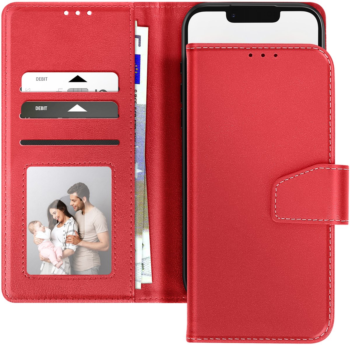 Avizar Premium Leren Hoesje Geschikt voor Apple iPhone 17e met Kaarthouder Video Standaard, Rood