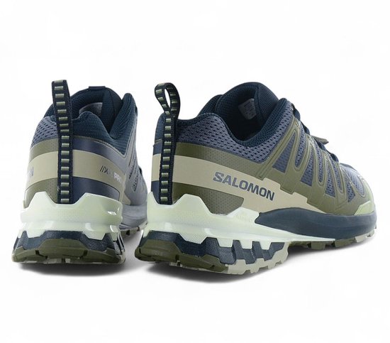 Salomon XA PRO 3D V9 schoenen, achterkant met blauwe en groene mesh, beige en crème zool.