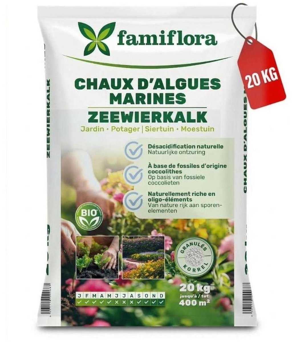 Famiflora zeewierkalk 20 kg voor 400 m² - Voor gazon, sier- en moestuin - Verlaagt de zuurtegraad van de bodem - Sterke beworteling - Minder mosvorming - Kalk voor Gazon