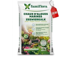 Famiflora zeewierkalk 20 kg voor 400 m² - Voor gazon, sier- en moestuin - Verlaagt de zuurtegraad van de bodem - Sterke beworteling - Minder mosvorming - Kalk voor Gazon