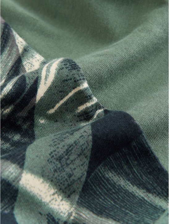 Gedetailleerde textuur van een groen kledingstuk met een bladerenprint.