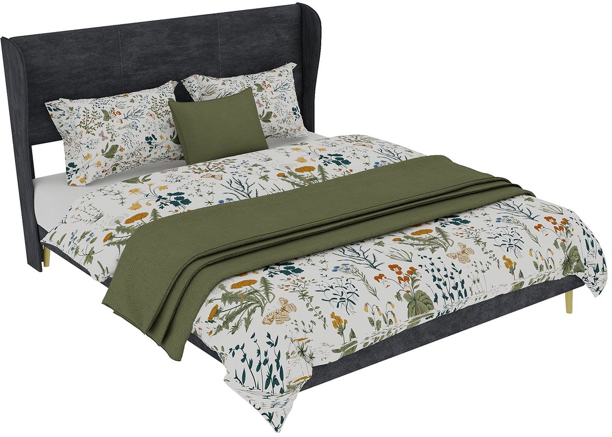 Merax Gestoffeerd Bed 140x200 - Fluwelen Stof - Zacht Hoofdbord - Houten Lattenbodem - Metalen Frame - Minimalistisch Bed - Grijs