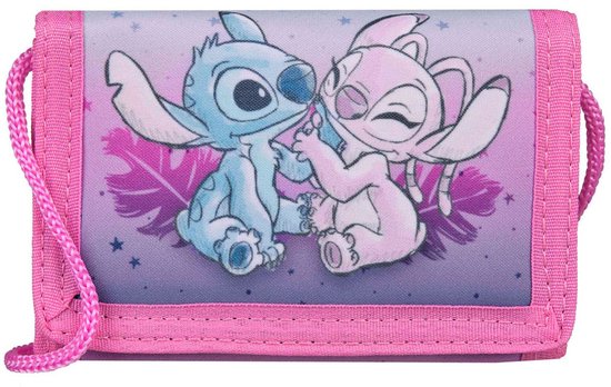 Paarse portemonnee met roze bies en een print van Stitch en Angel die elkaar aankijken, met een gevlochten koord.