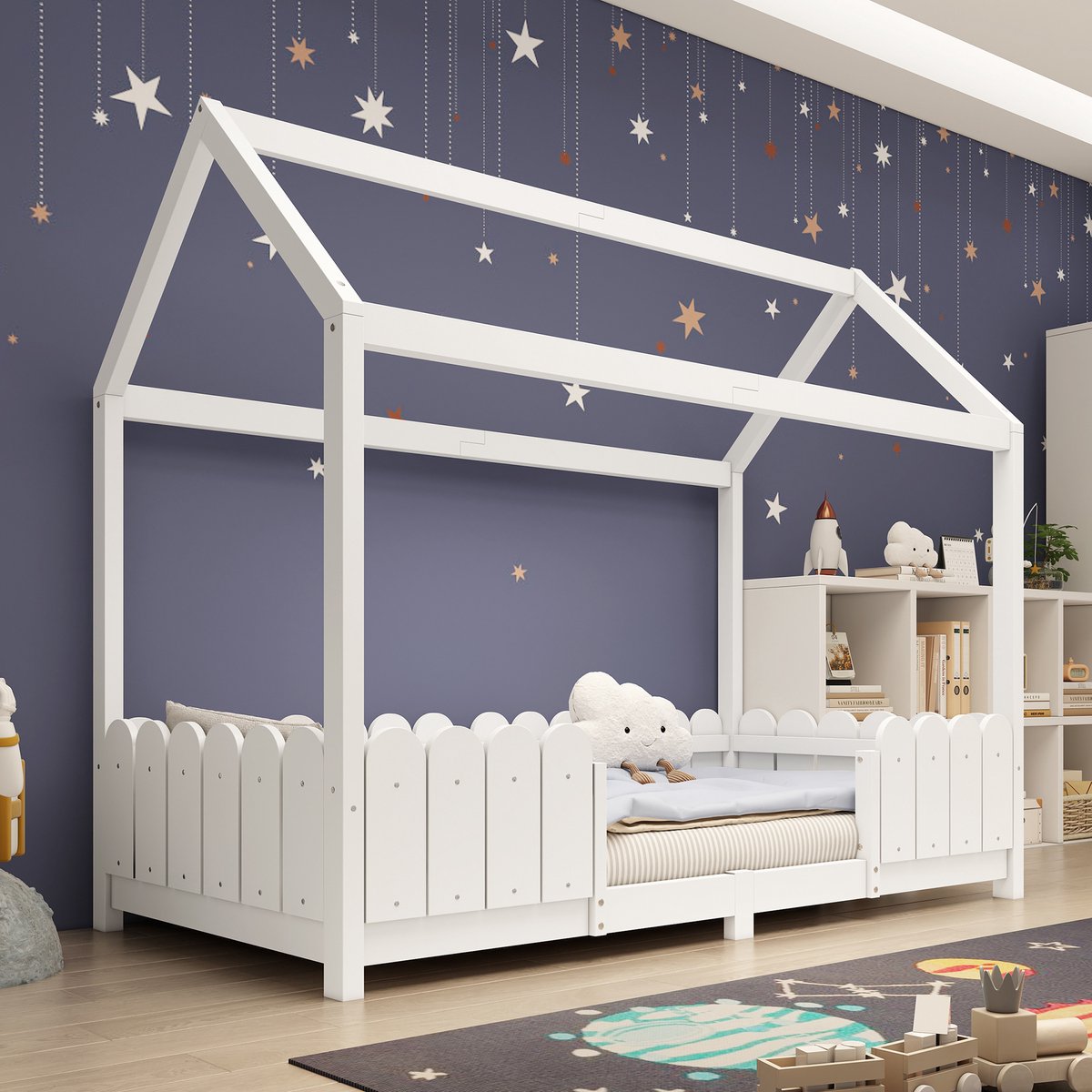 REDOM kinderbed in huisvorm 90x200 cm – Massief hout wit – Huisvormig ontwerp met dak & he