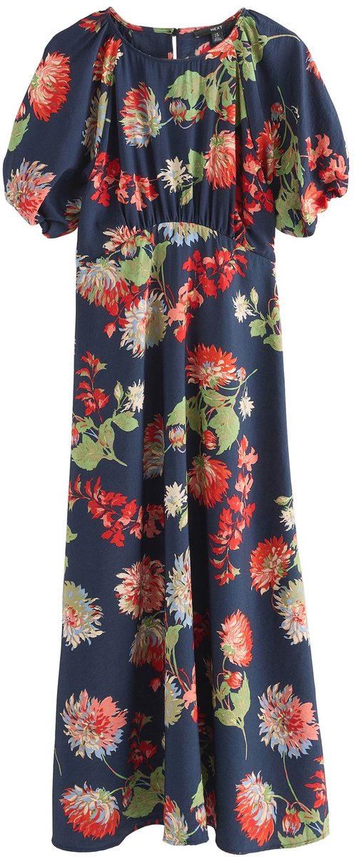 Next - Dames - Halflange jurk met pofmouwen - Blauw