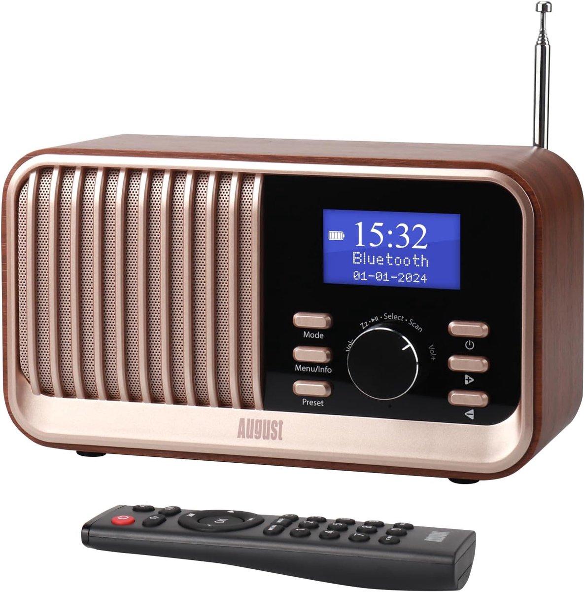 Draagbare Radio - Wekkerradio DAB FM - Keuken en Slaapkamer - Houten Behuizing Bluetooth