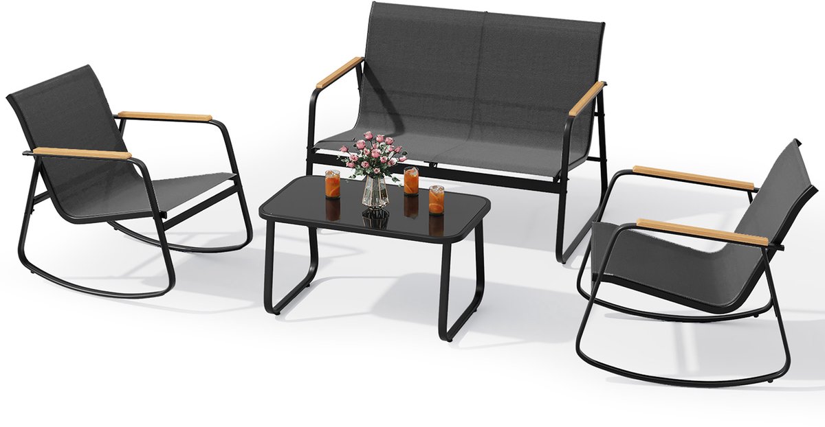 Xbro Tuinset 3-delige met schommelstoel,Balkonset voor 3 personen,Tuinmeubelset met tafel,Bistroset van Textilene,108 x 74 x 85 cm ,Zwart