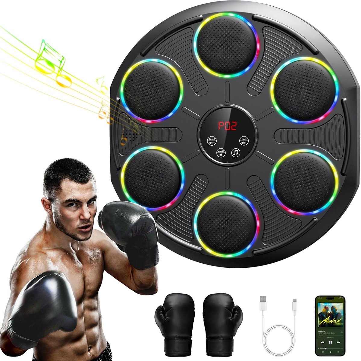 Muziek Boksmachine - Boksmuur Trainer - Thuis Sporten - Dynamische LED Verlichting - Extra Large - Zwart