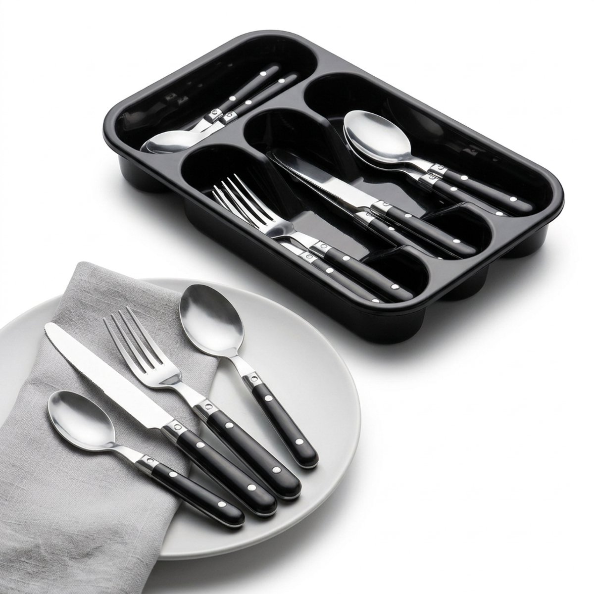 Cheqo® Bestekset 16 Delig - Bestekset 4 Persoons - Bestekset Zwart - Zwart Zilver Bestekset - Bestekset met Zwart Handvat - Bestekset Rvs 16 Delig - Bestekset 16 Stuks - Bestekset voor 4 Personen - Bestekset Tafelbestek
