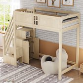 Lit mezzanine 90 x 200 cm - barrière de sécurité avec fenêtre - échelle de rangement et de sécurité interchangeable gauche/droite - couleur bois - sans matelas