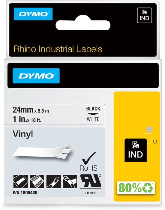 Verpakking met DYMO Rhino industriële vinyl labels. Zwarte afdruk op witte tape, 24mm x 5.5m.