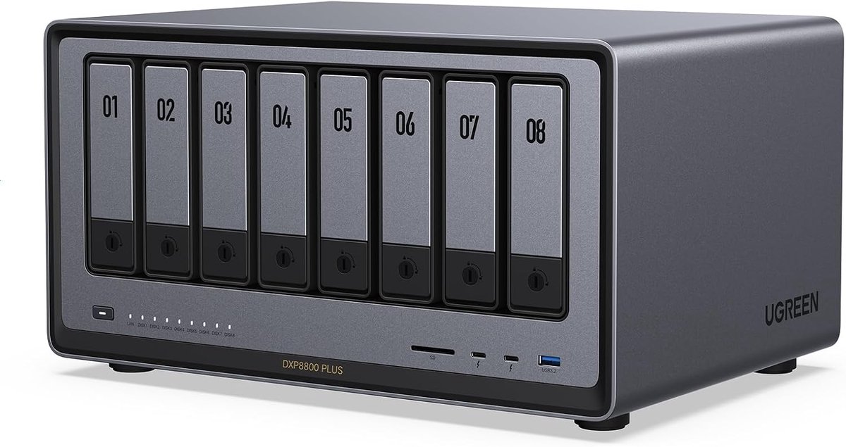 UGREEN NASync DXP8800 Plus 8-Bay Desktop NAS, Intel i5 1235u 10-Core CPU, 8GB DDR5 RAM, 128GB SSD, 2 * 10GbE, 2 * M.2 NVMe-aansluitingen, 8K HDMI, 2 * TBT4, Network Attached Storage (schijfloos)