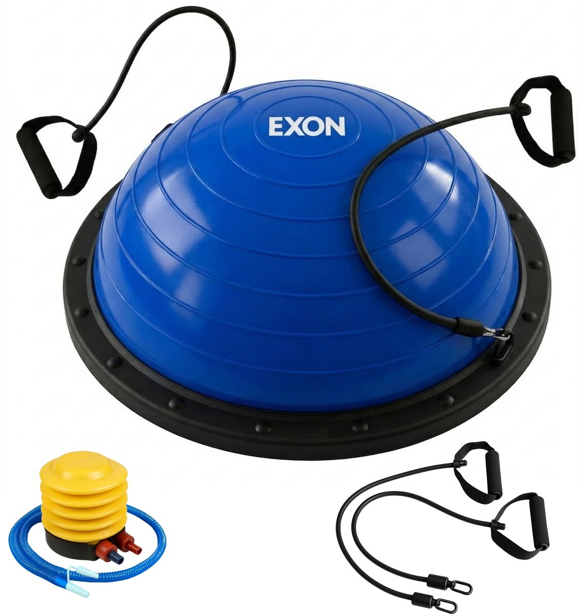 Exon® Balance Board - Balanstrainer - Balansbal - Fitnessbal - Balansbord - Wiebelkussen - Balanskussen - Ø 60 CM - Inclusief Weerstandsbanden En Pomp - Fitness - Blauw