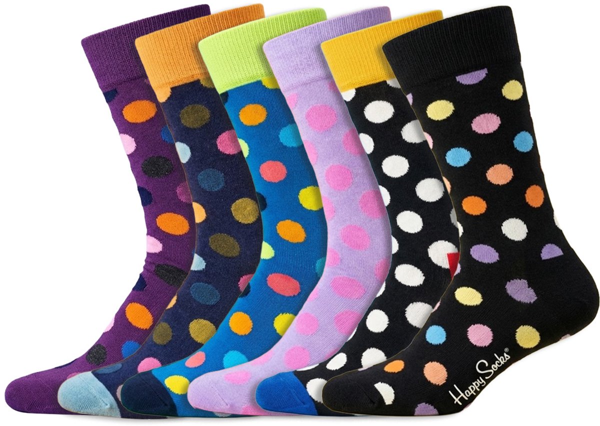 6 Paar | Happy Socks | Thema Big Dot | Dames & Heren | Diverse kleuren | Maat: 36-40