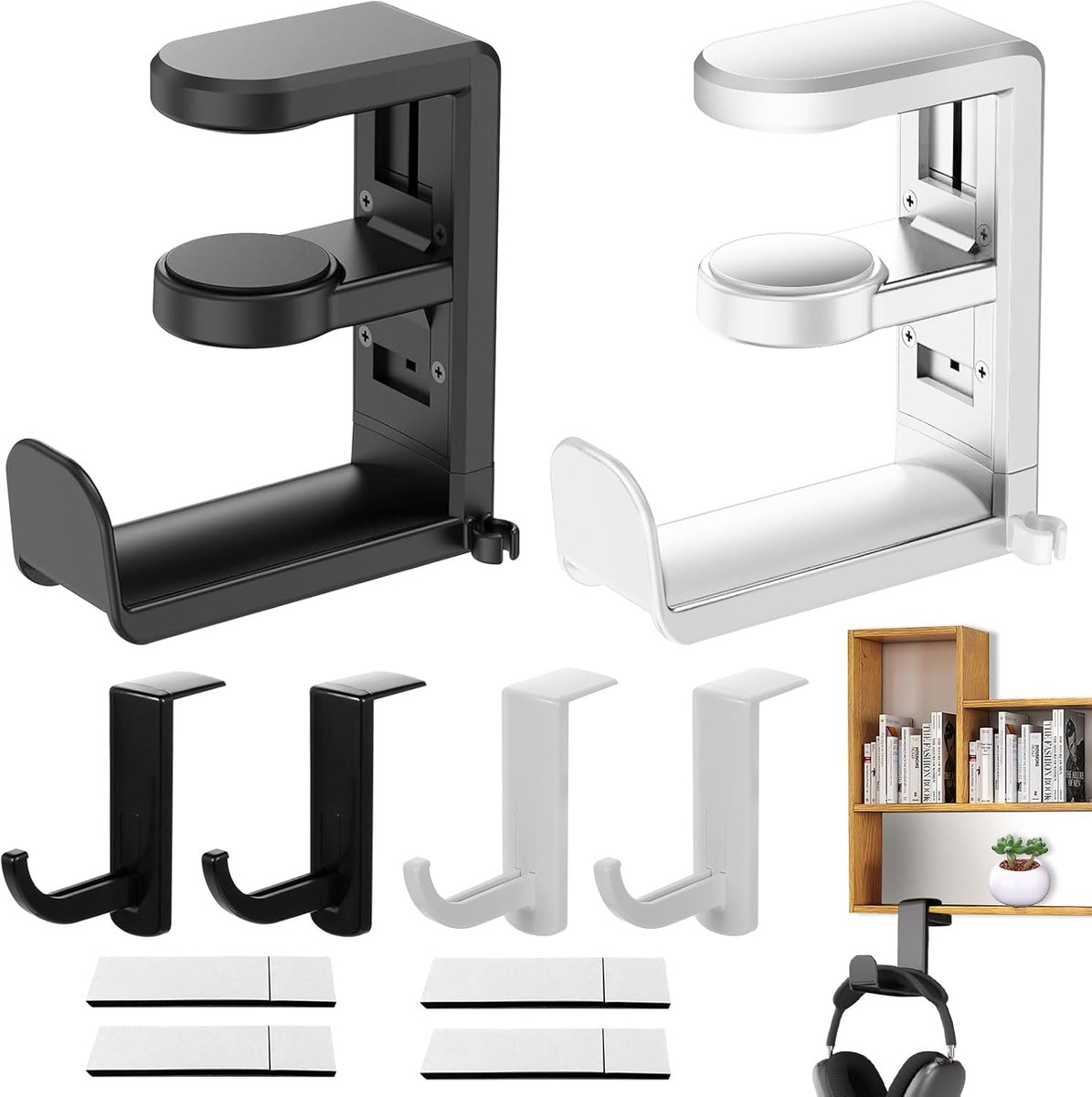 Hoofdtelefoonhouders Set - Ophangstandaard Accessoires - Opgeruimd Bureau - Zonder Gereedschap Montage - 6 Stuks - Zwart Wit